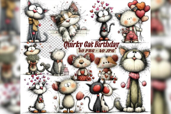 Download Whimsical Cat Birthday Clipart Set - Set Collection
