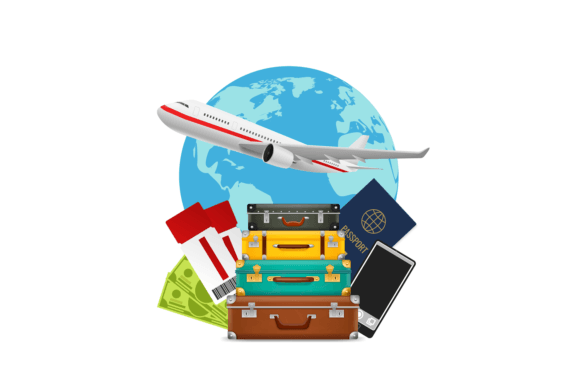 Download Tourism. Suitcase Pile, Plane and World - Tourism Collection