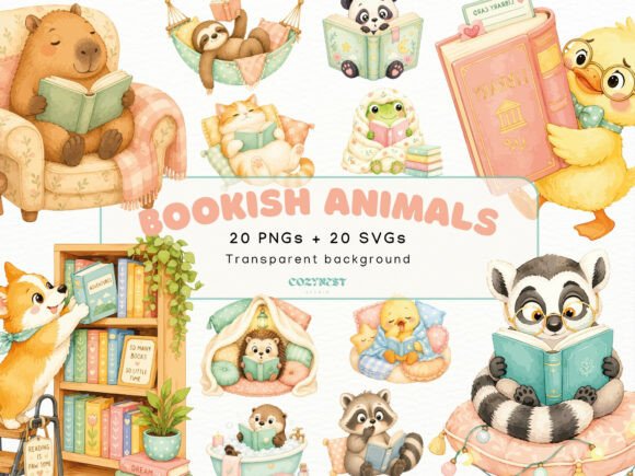 Download Bookish Cute Animals Watercolor Cliparts - Book Collection